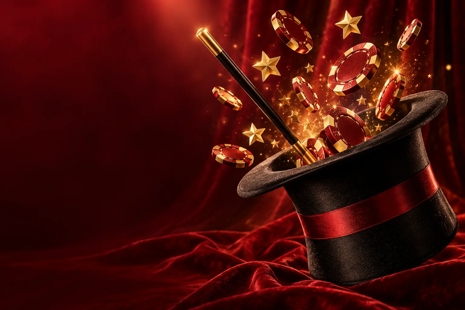 Pălărie de magician neagră, stele și jetoane aurii pe catifea roșie
